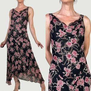 ICE silk beaded floral maxi dress long cowl neck vintage Y2K‎ pink black fairy M